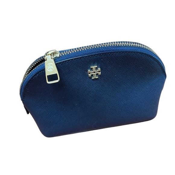 Tory Burch Robinson Small Navy Leather Cosmetics Case Gold Zip Logo - Picture 1 of 8